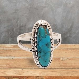 Elogated Oval Genuine Turquoise 925 Silver Sterling Ring Size 8